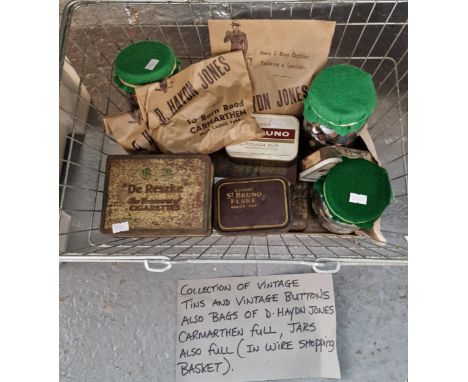 Collection of vintage tins and buttons together with brown bags marked D Haydn Jones Carmarthen. (B.P. 21% + VAT)