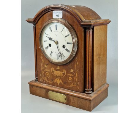 Early 20th century inlaid German two train mantel clock with Roman enamel face. 35cm high approx. (B.P. 21% + VAT)