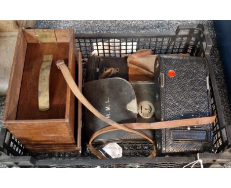Two vintage Kodak cameras, one marked A-116, in original cases, together with a mahogany box, the sliding lid marked P. Meajh
