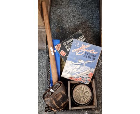 Box of oddments to include: large wooden ladle, The Hunter and All Nations stamp albums, gimballed compass marked T Squire Lo