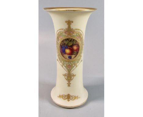 Royal Worcester porcelain trumpet vase, with hand-painted reserves of fruits and gilt decoration, by William Bee. 15.5cm high