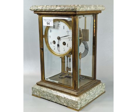 French marble and gilt brass four glass mantle clock, having Arabic enamel face and two train movement striking on one gong. 