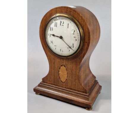 Edwardian inlaid mahogany balloon shaped mantel clock with white enamel Arabic face. 25cm high approx. (B.P. 21% + VAT)