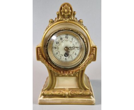 Royal Worcester blush ivory cased single train mantel clock, with enamel face and classical swag decoration. Puce printed mar