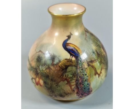 Royal Worcester porcelain baluster vase, hand-painted with Peacock amongst foliage. Signed Jarman. 8cm high approx. Puce prin