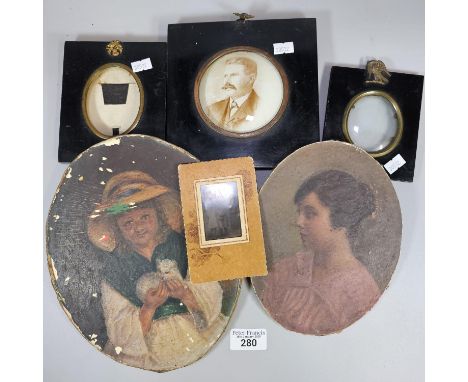 Two Victorian portraits, a little girl and a young woman, on board, two similar ebonised metal portrait miniature frames only