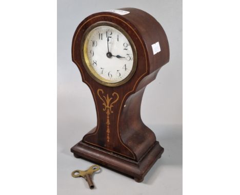 Edwardian inlaid mahogany balloon shaped boudoir clock with white enamel Arabic face. 23cm high approx. (B.P. 21% + VAT)