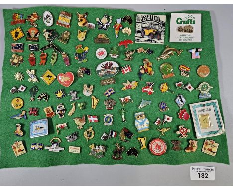 Large collection of badges to include: Crufts, Harp, Rupert, Welsh Corgi Rescue Service, UK, Countries etc.  (B.P. 21% + VAT)