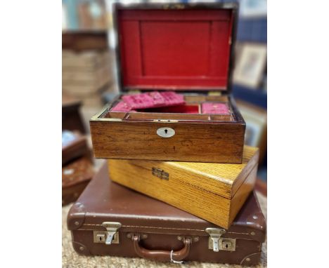 19th century mahogany and mother of pearl inlaid ladies' work/jewellery box. Together with another oak box and a vintage smal