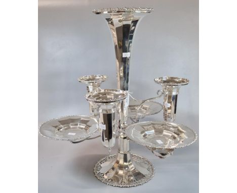 Silver plated seven piece table epergne, with posy vase holders and dishes. 48cm high approx. Impressed marked D &amp; A. (B.