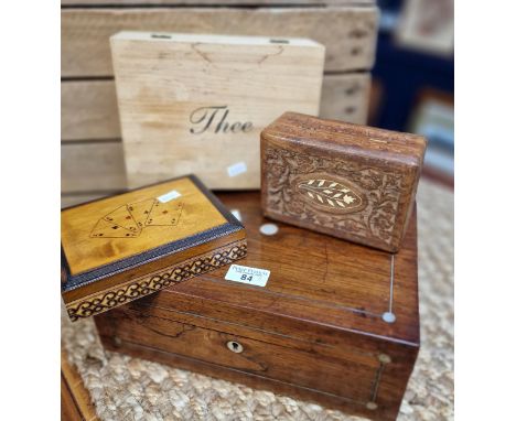 19th century rosewood and mother of pearl inlaid ladies' work box, together with other boxes, playing card box etc. (4) (B.P.