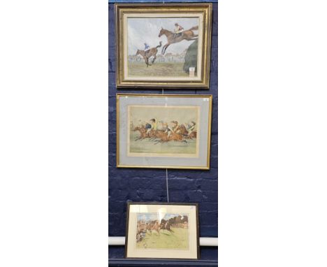 E Cragoe, steeple chase equestrian study, signed. Oils on board. 41x50cm approx. Together with 19th century horse racing prin