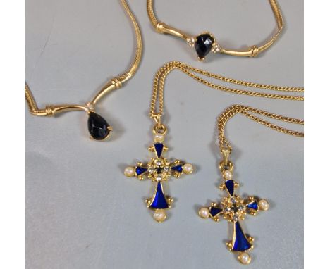 Collection of gold plated jewellery to include: necklace and pendant and matching bracelet set, and two chains with enamel an