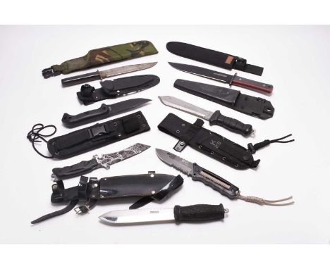 A collection of knives, comprising a Dive Dynamics Diving knife in sheath, overall length 11 1/2"; Gerber knife, Magnum foldi
