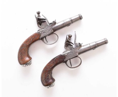 A good pair of flintlock cannon-barrelled pocket pistols by Parkes, London, circa 1790-1800, .350 calibre, the 1.5" turn-off 