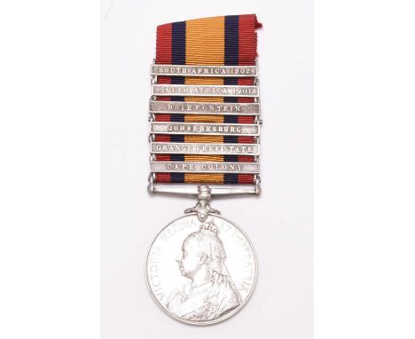 A Boer War Queen's South Africa Medal with six clasps, 'South Africa 1901', 'South Africa 1902', 'Driefontein', 'Johannesburg