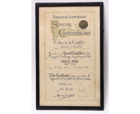 A First World War Special Constabulary certificate to Robert J. Herbert for his services for the Borough of Scarborough in Yo