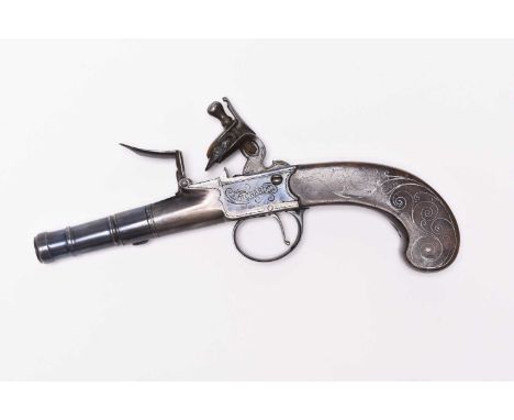 An English flintlock boxlock cannon-barrelled pistol by T. Richards (London), early 19th century, 55-bore, 2 1/4" three-stage