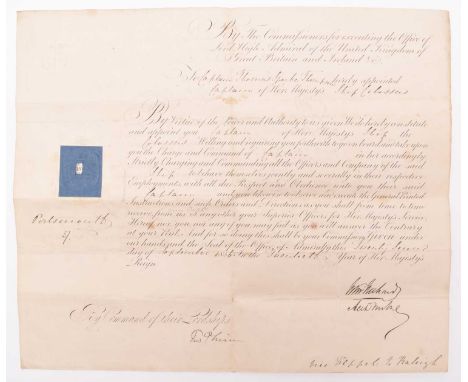 Royal Navy. Commission assigning Captain Thomas Sparke Thompson to HMS Colossus. 22nd September 1856. Oblong vellum folio, pa