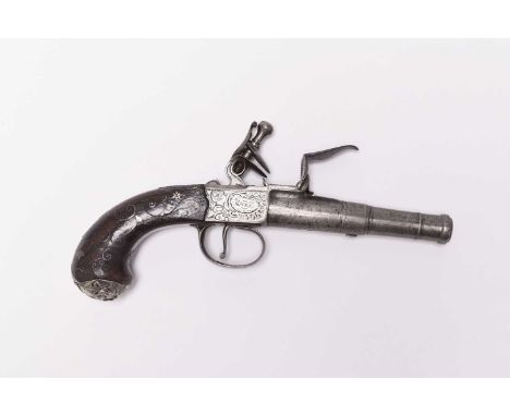 An English flintlock pocket pistol by 'Rimes, Winton', late 18th century, 64 bore, with a 1 3/4" turn-off multi-stage barrel,