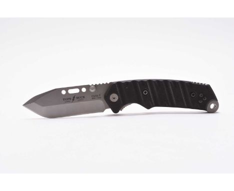 A Buck Tops CSAR-T 095 Folding Knife with G10 black handle, 4" knife, overall length 8", 154-cm, modified Tanto shape, heavy 