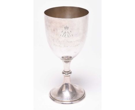 A military silver trophy cup with presentation inscription '6 Light Regiment, Royal Artillery' below crowned monogram, hallma