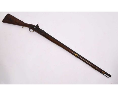 A 19th-century percussion gun, with an unmarked lockplate, brass furniture and a ramrod secured by four pipe channels, one si