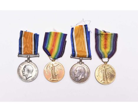 Two First World War pairs of Victory Medal and British War Medal, comprising: pair to "40850 PTE. C. HILL E. YORKS. R." and p