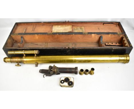 DANCER OF MANCHESTER; a late 19th century brass two-drawer telescope, length 112cm, fitted in stained pine case.Additional In