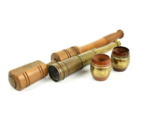A mixed group of collectors' items including a pair of teak salts modelled as barrels with brass plaques inscribed 'HMS Gange
