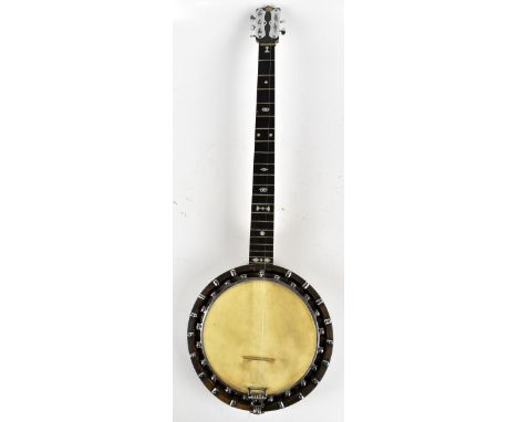 JOSEPH RILEY &amp; SONS; an ebonised banjo with mother of pearl inlaid decoration, in carrying case, length 92cmAdditional In