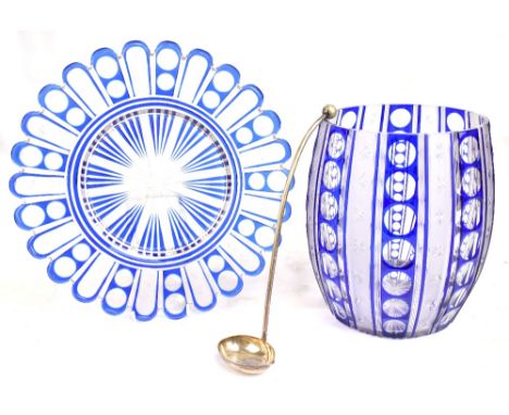 An early 20th century blue, clear and opaque cut crystal ovoid punch bowl on stand, height of bowl 23cm, diameter of stand 32
