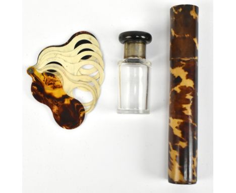 An Edwardian faux tortoiseshell cylindrical&nbsp;needle case, height 13cm, a silver mounted glass vanity jar with faux tortoi