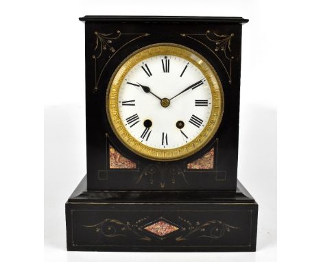 A Victorian slate mantel clock with inlaid marble decoration, the circular enamelled dial set with Roman numerals, height 30c