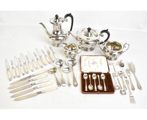 WALKER &amp; HALL; five George VI hallmarked silver teaspoons, Sheffield 1939, together with assorted silver plate to include