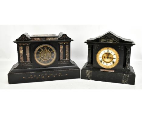 Two early 20th century French black slate mantel clocks, one with silver presentation plaque, width 42cm and 32cm (both af).A