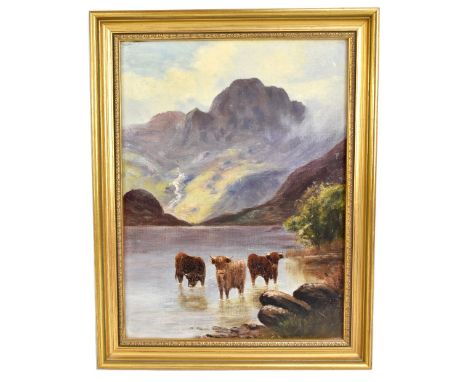 LATE 19TH CENTURY ENGLISH SCHOOL; oil on canvas, Scottish Highlands landscape with Highland cattle watering to foreground and