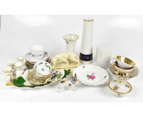 MEISSEN; a 20th century cup and saucer decorated with roses, a further Meissen pin dish painted with dragons, also further Co