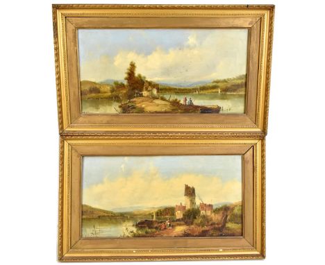 ALFRED H. VICKERS (1853-1907); a pair of oils on canvas, river landscapes with figures fishing, both signed, 20 x 39cm, frame