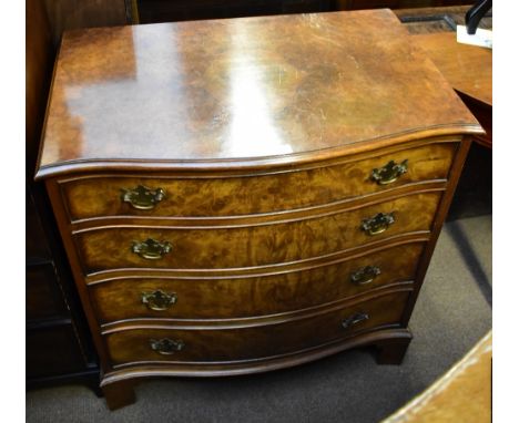 A reproduction burr walnut veneered serpentine front chest of four drawers, raised on bracket supports, height 84cm, width 78