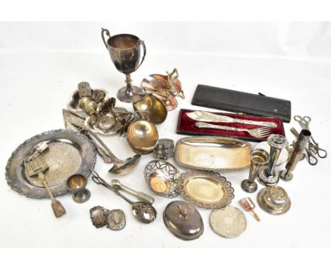 A mixed group of electroplated items including communion dish dated 1902, 27.5 x 14.5cm, and small ciborum with inscribed let