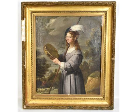 AFTER DAVID TENIERS THE YOUNGER; oil on canvas, ‘The Shepherdess’, portrait of a woman holding a tambourine with feather in h