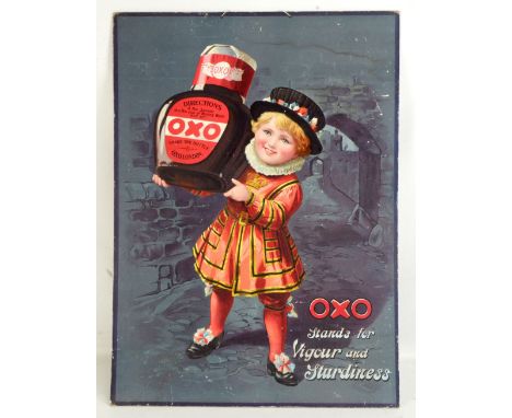 OXO; an advertising pictorial card sign depicting a child dressed as a Beefeater holding an OXO jar beside verse ‘OXO Stands 