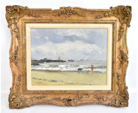 CAMPBELL ARCHIBALD MELLON (1876-1955); oil on board, figures on a beach with vessels on the sea beyond, unsigned, 22 x 29cm, 