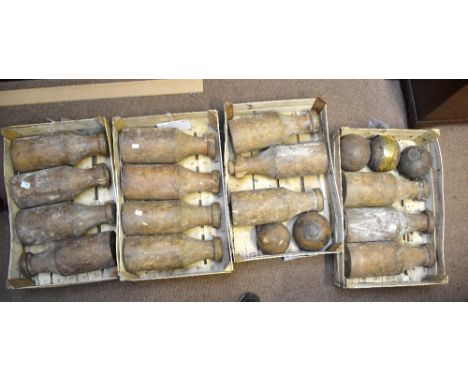 Fourteen vintage pine skittles and five balls.Additional InformationOld worm throughout, splits, cracks and extensive wear.