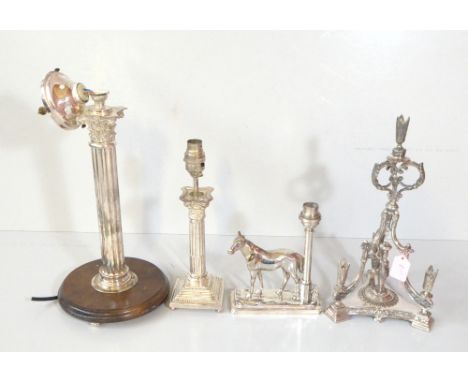 A silver plated lamp base modelled as a horse, height 20cm, and two Corinthian column lamp bases, also a silver plated epergn