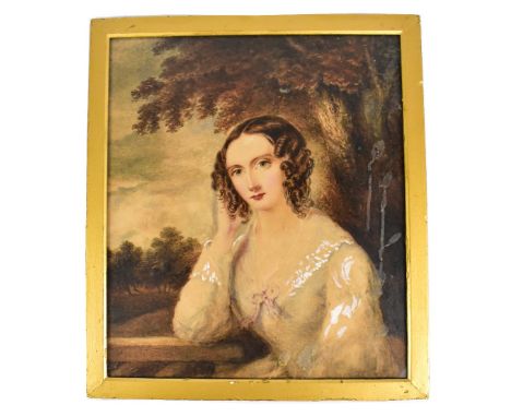 A 19th century watercolour depicting a portrait bust of a lady beside landscape setting, unsigned, 41 x 35.5cm, framed and gl