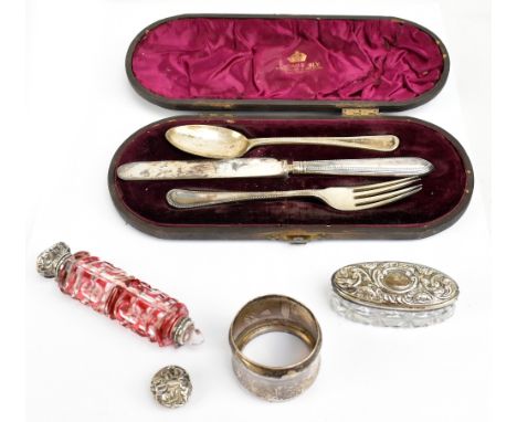 A group of variously hallmarked silver and plated items comprising a matched three piece christening set with silver spoon, p