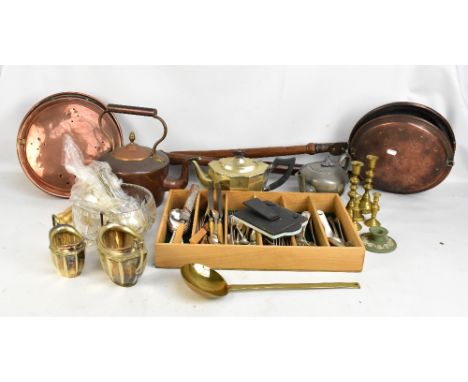 A mixed group of metalware including silver plated flatware, three piece tea service, copper kettle, two warming pans, etc.Ad