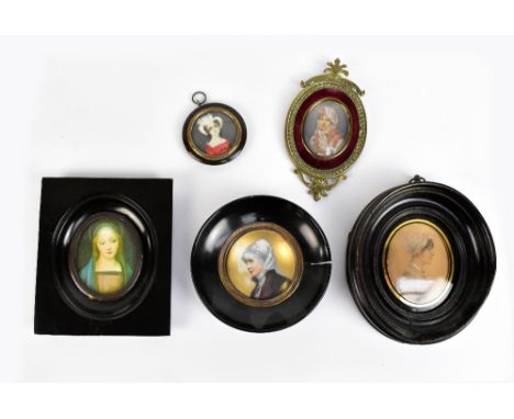 Five 19th century and later portrait miniatures including watercolour on paper, a lady adorned with bonnet and hat, length 8c